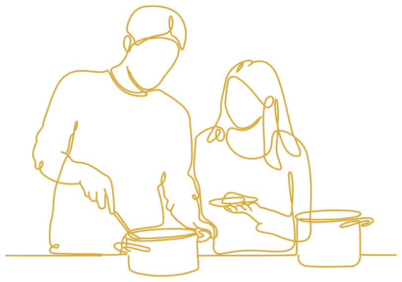 Ilustração de traço fino de duas pessoas cozinhando juntas