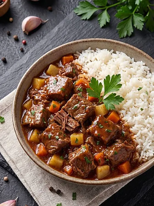 Ensopado de carne com legumes e arroz branco, em tigela sobre guardanapo de linho
