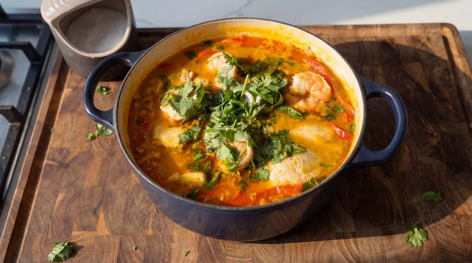 Moqueca de peixe e camarão com coentro em panela azul