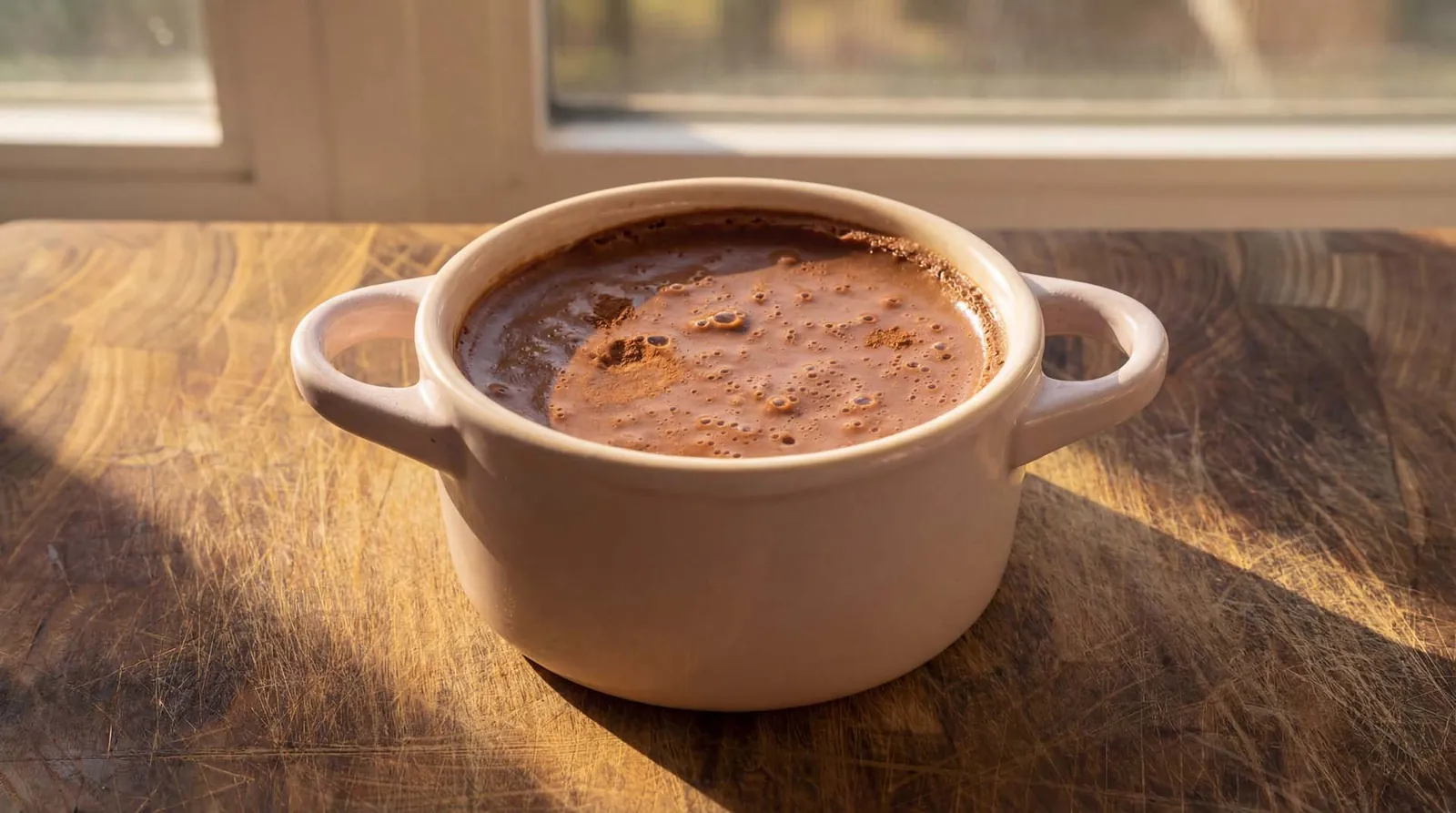 Mousse de chocolate em ramequim rosado sobre tábua de madeira