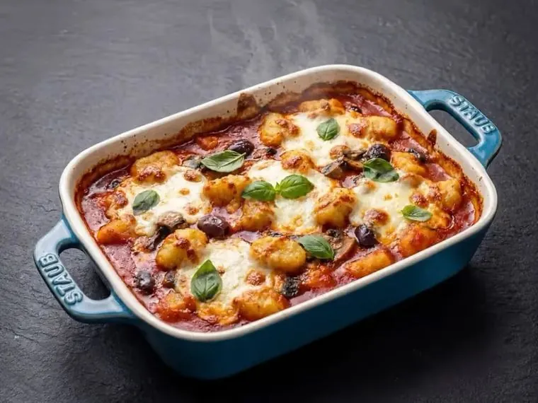 Nhoque gratinado com molho de tomate, muçarela e manjericão em travessa azul