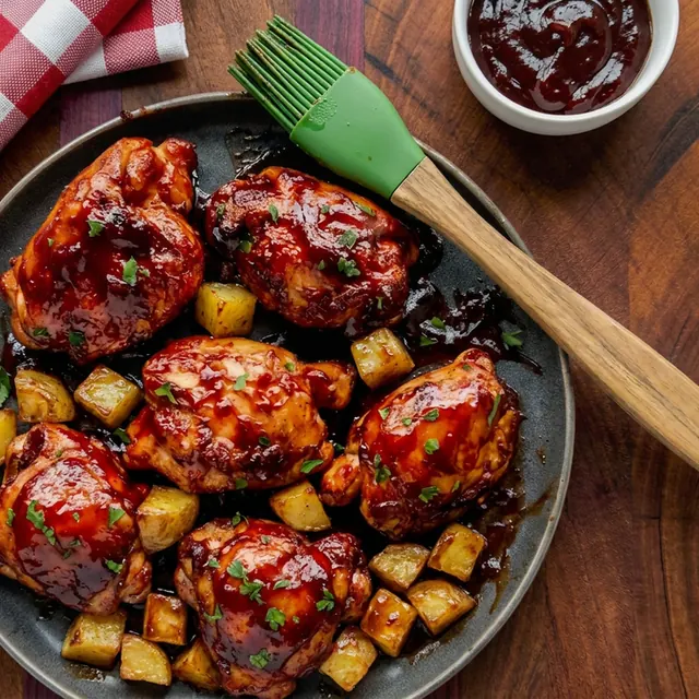 Sobrecoxas brilhantes de molho escuro com batatas em cubos e salsinha, em prato escuro, com pincel de silicone ao lado